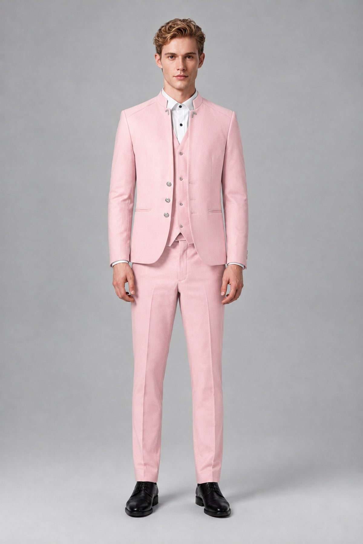 Bolodoo Men's Blush Pink Mandarin Collar 3-Piece Suit – Jacket, Vest & Trousers - Blush Pink - Blush Pink_2