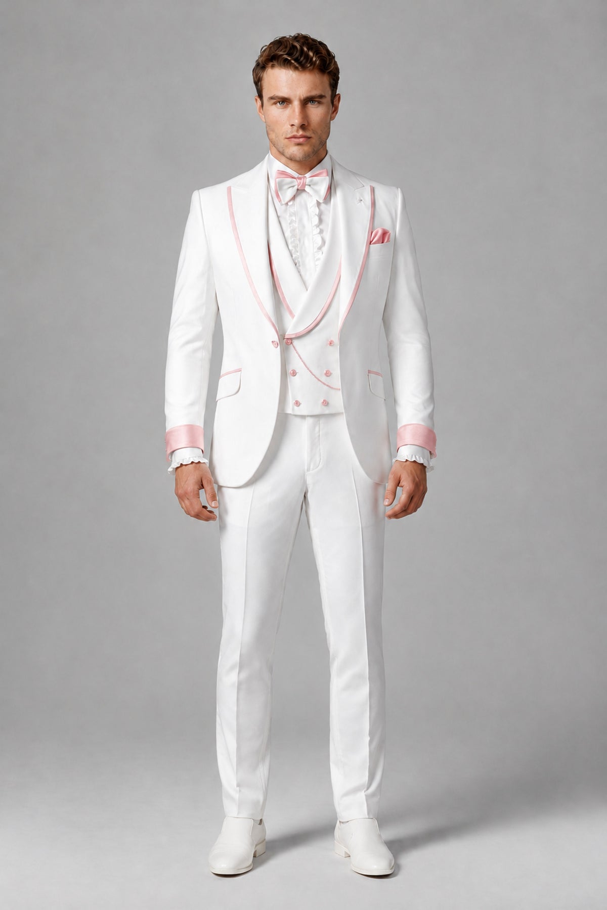Bolodoo Men's White and Blush Pink Three-Piece Wedding Tuxedo Suit - Blush Pink - Blush Pink_2
