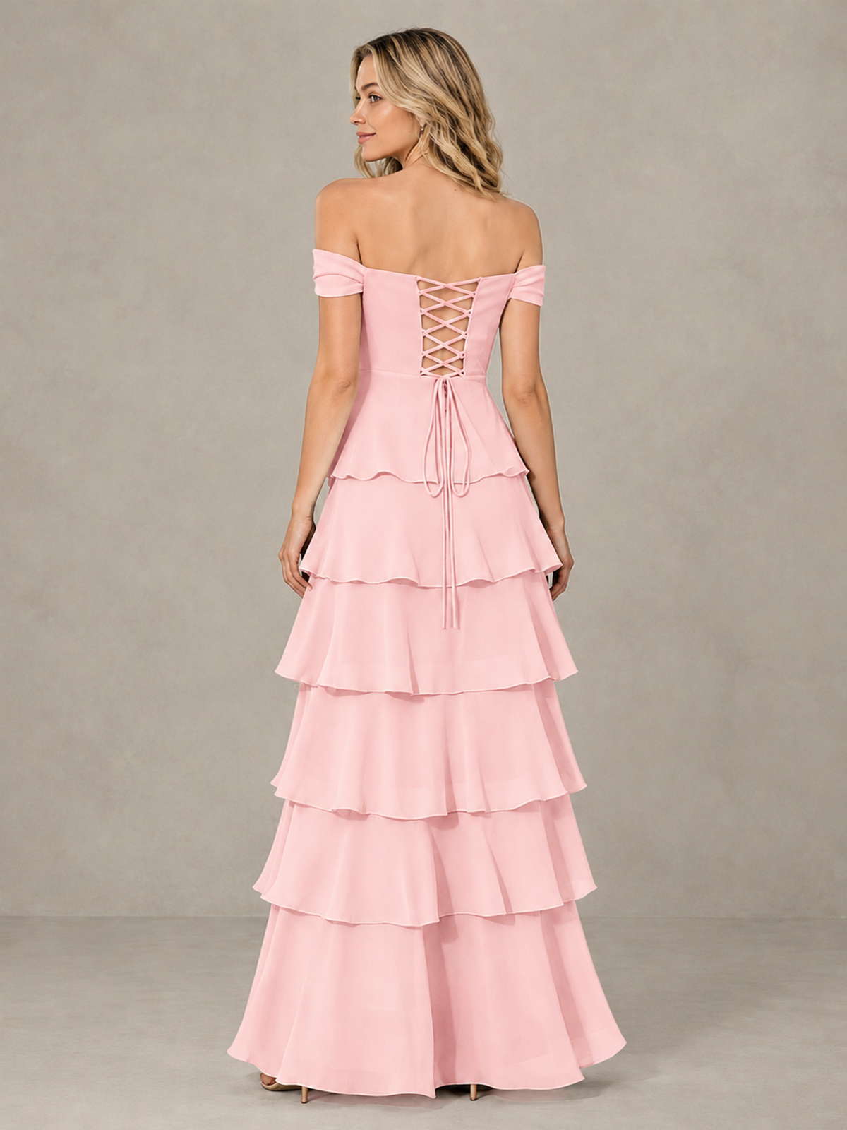 BOLODOO Blush Pink Off-Shoulder Tiered Ruffle Bridesmaid Dress with Lace-Up Back - Blush Pink - Blush Pink_2