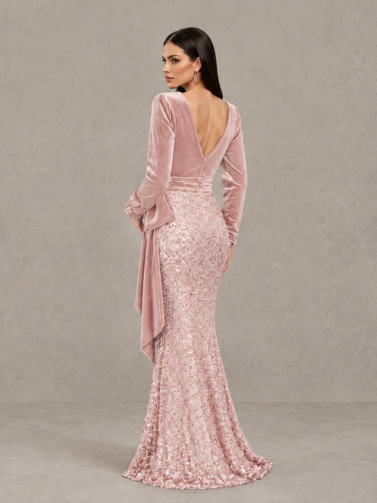 BOLODOO Blush Pink Velvet & Sequin Long Sleeve V-Neck Mermaid Evening Gown - Blush Pink - Blush Pink_2