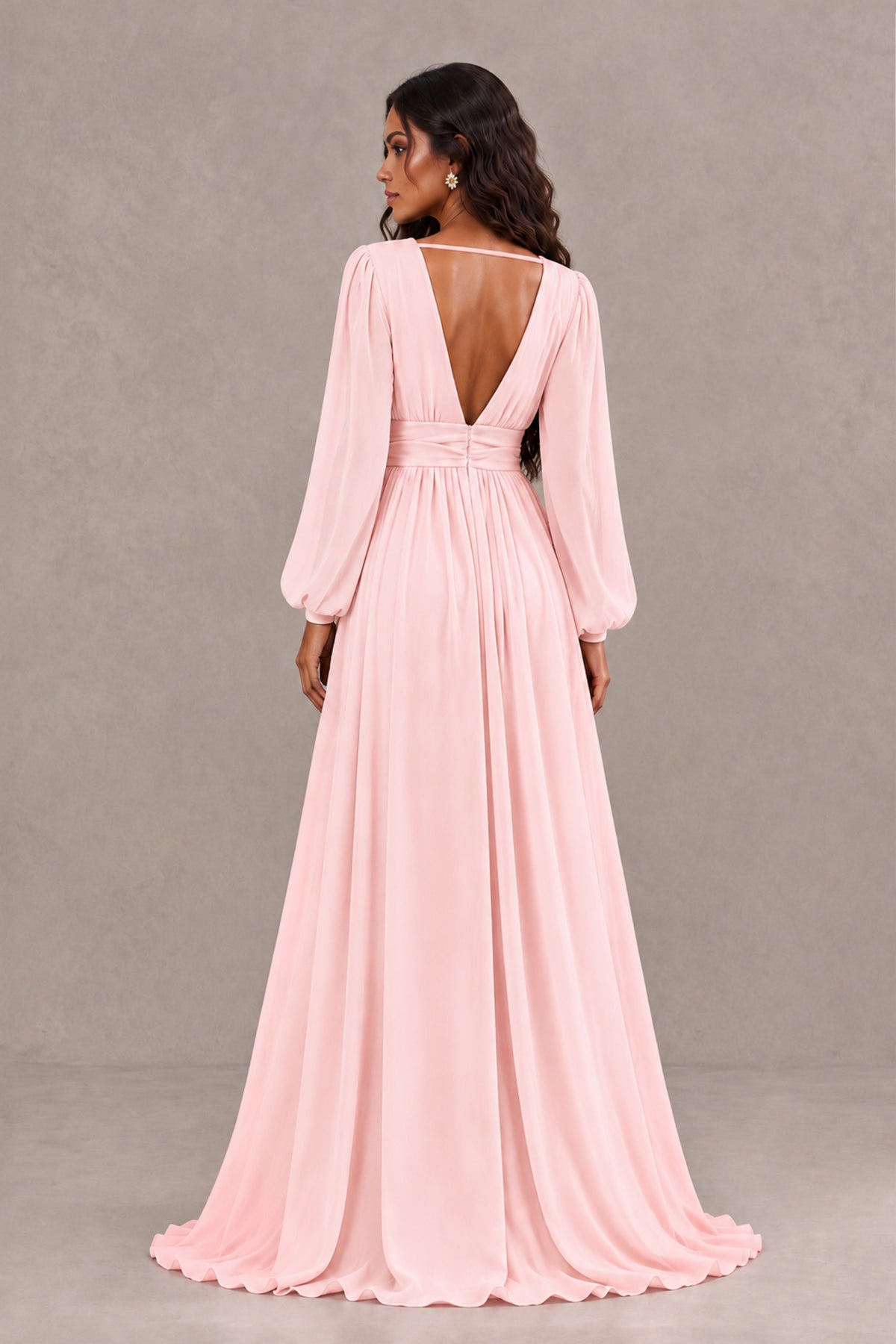 BOLODOO Blush Pink Long Sleeve V-Neck A-Line Gown with Open Back & Slit - Blush Pink - Blush Pink_2