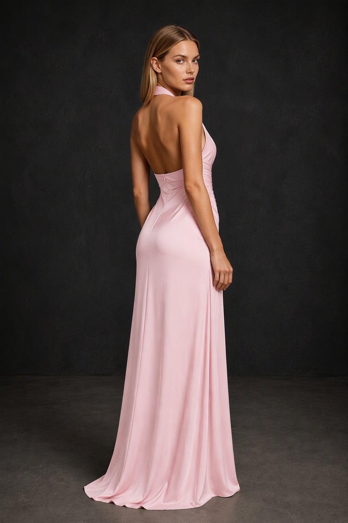 BOLODOO Blush Pink Twisted Halter Neck Ruched Sleeveless Open Back Floor-Length Gown - Blush Pink