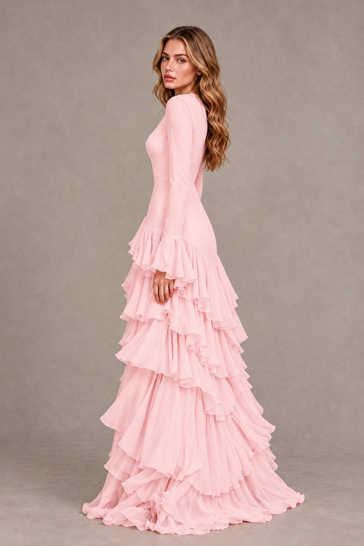 Blush Pink Long Sleeve Tiered Ruffle Evening Gown - Blush Pink - Blush Pink_2