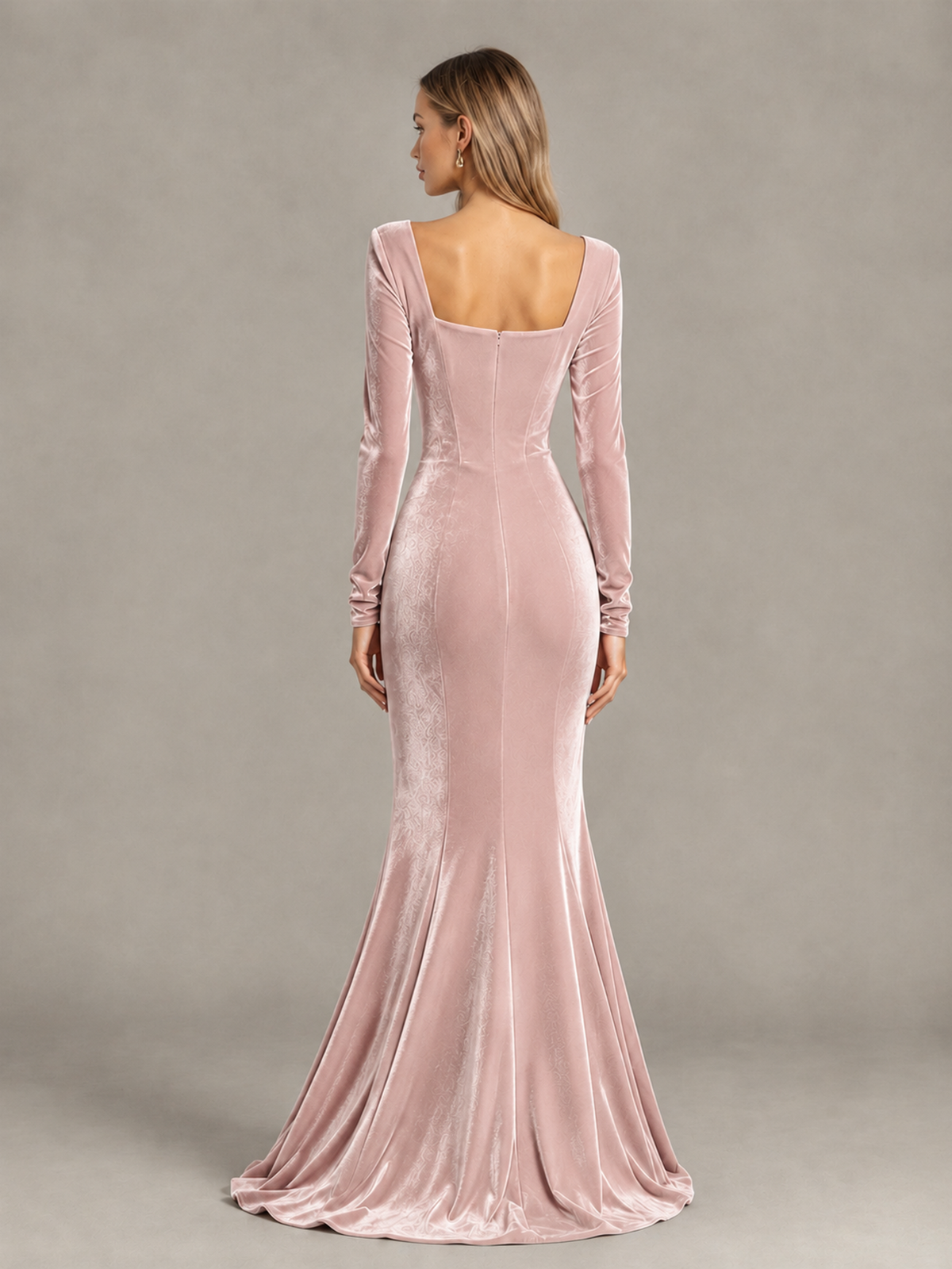 BOLODOO Blush Pink Velvet-Look Square Neck Long Sleeve Mermaid Evening Dress - Blush Pink - Blush Pink_2