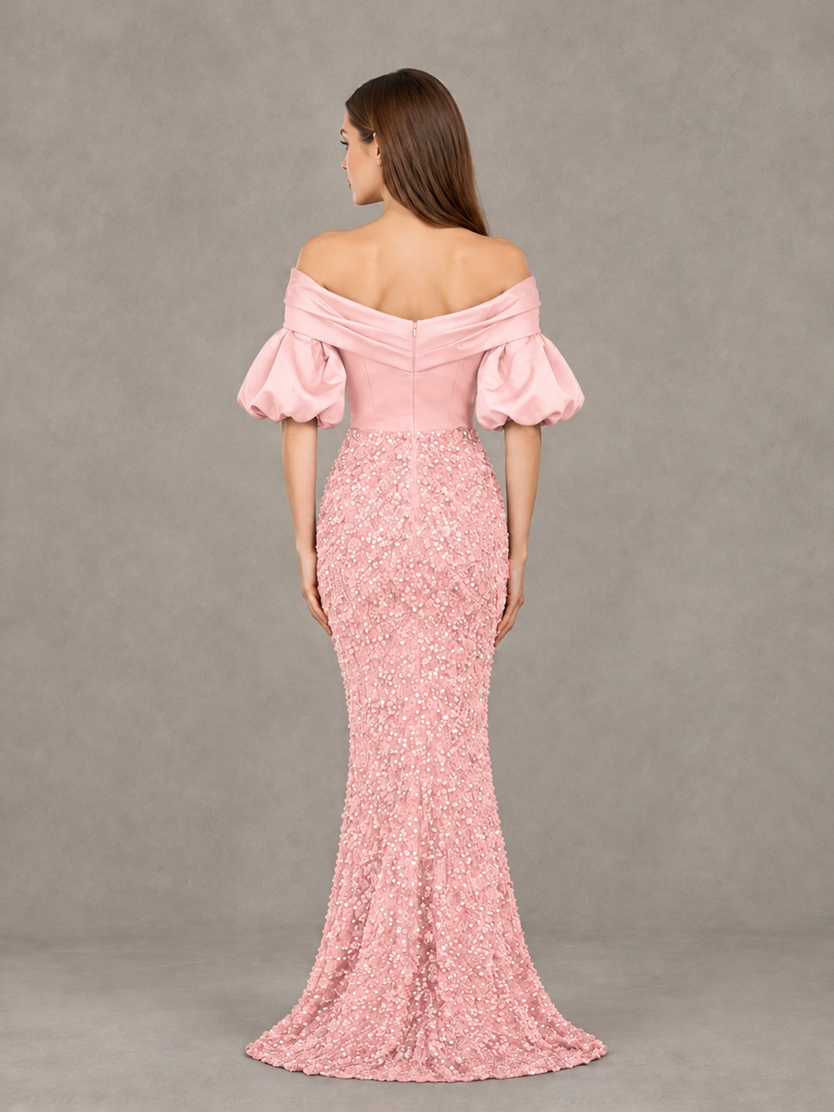 BOLODOO Blush Pink Off-Shoulder Puff Sleeve Sequin Mermaid Evening Dress - Blush Pink - Blush Pink_2