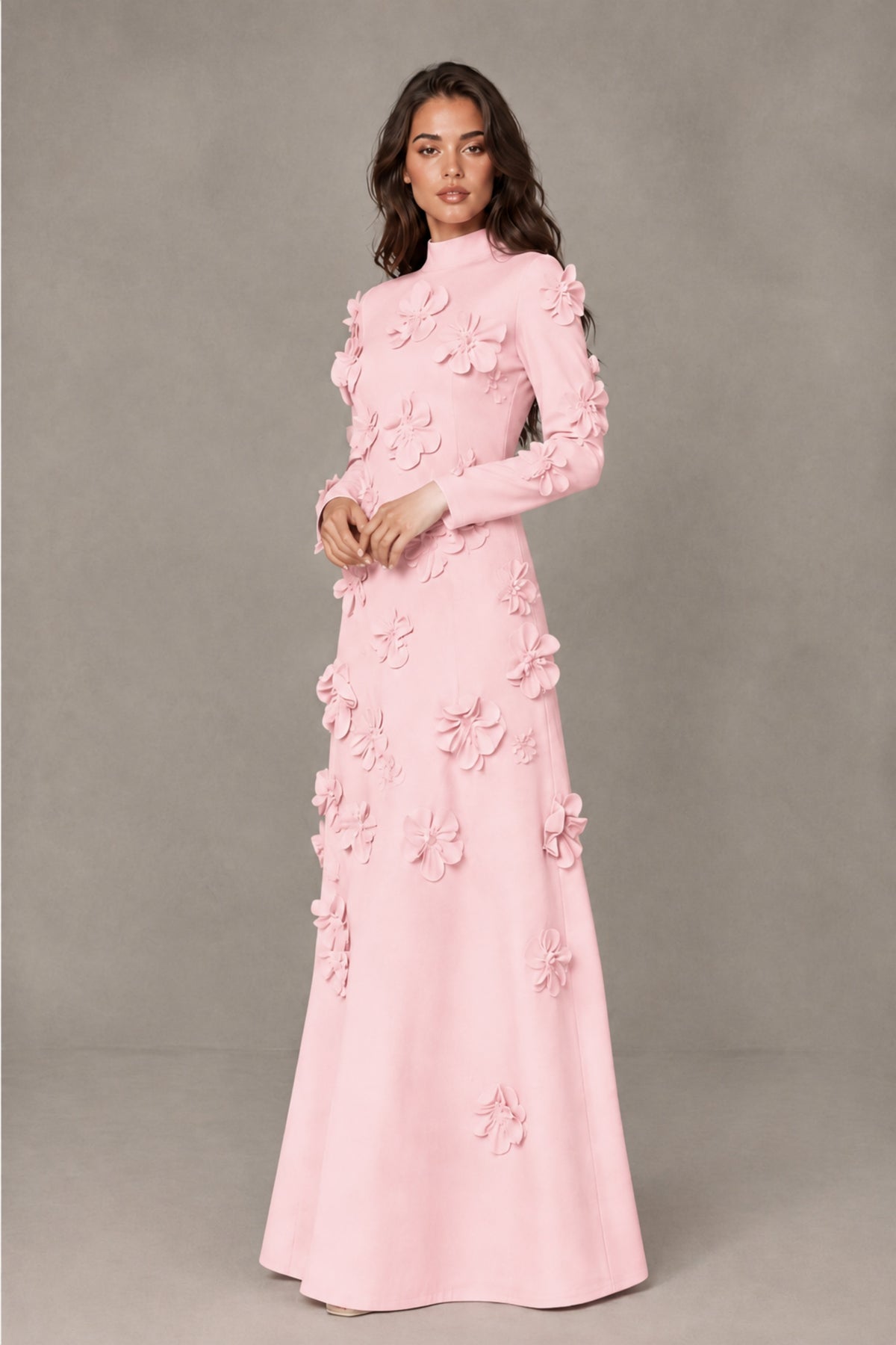 BOLODOO Blush Pink High Neck Long Sleeve 3D Floral Evening Gown - Blush Pink