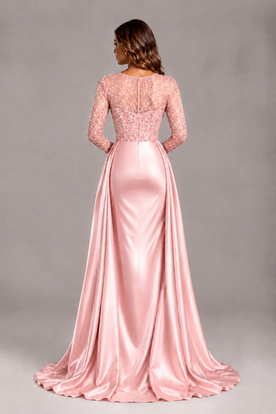 BOLODOO Blush Pink Long Sleeve Embellished Satin Evening Gown with Sweep Train - Blush Pink - Blush Pink_2