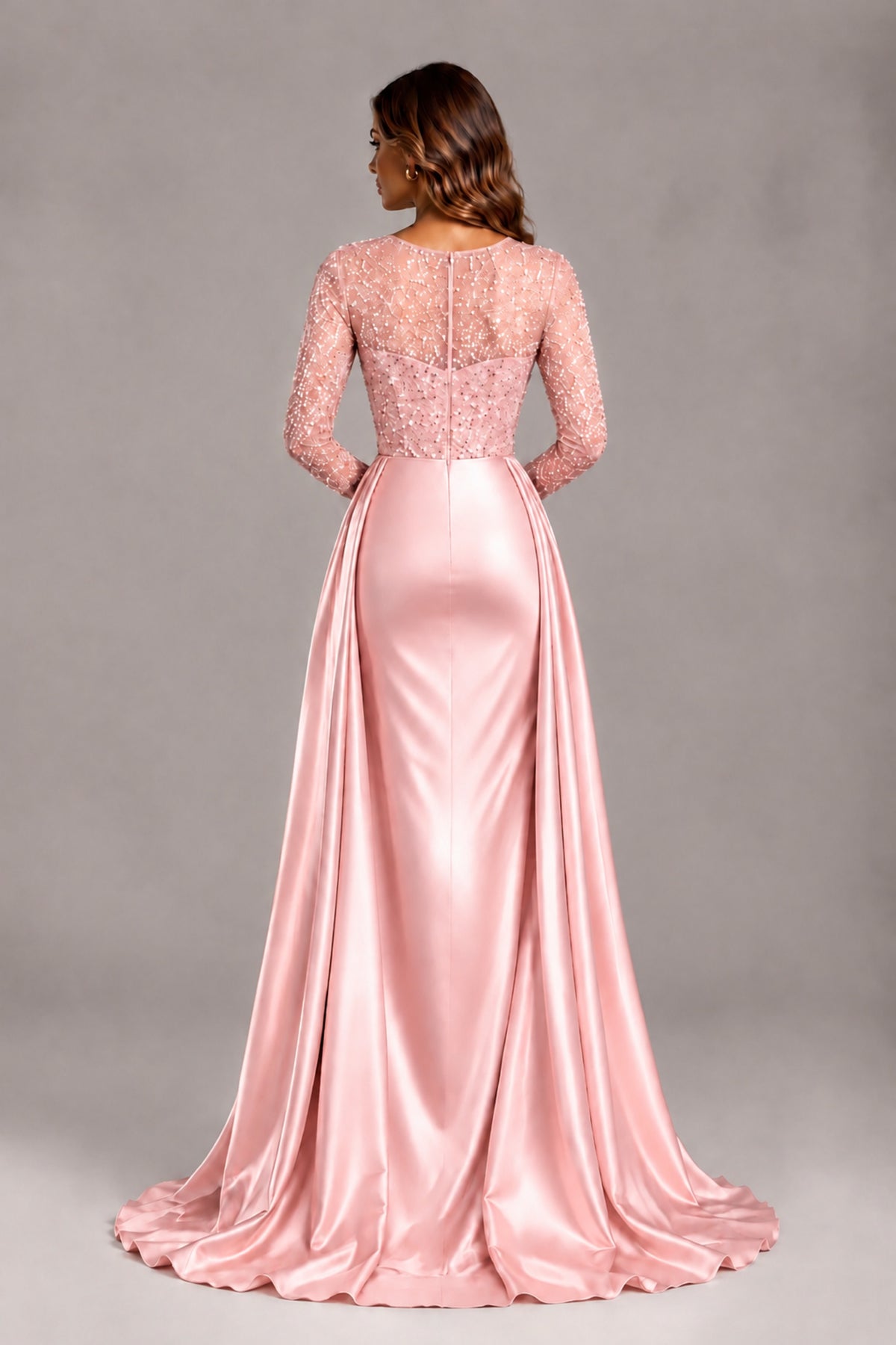 BOLODOO Blush Pink Long Sleeve Embellished Satin Evening Gown with Sweep Train - Blush Pink - Blush Pink_2