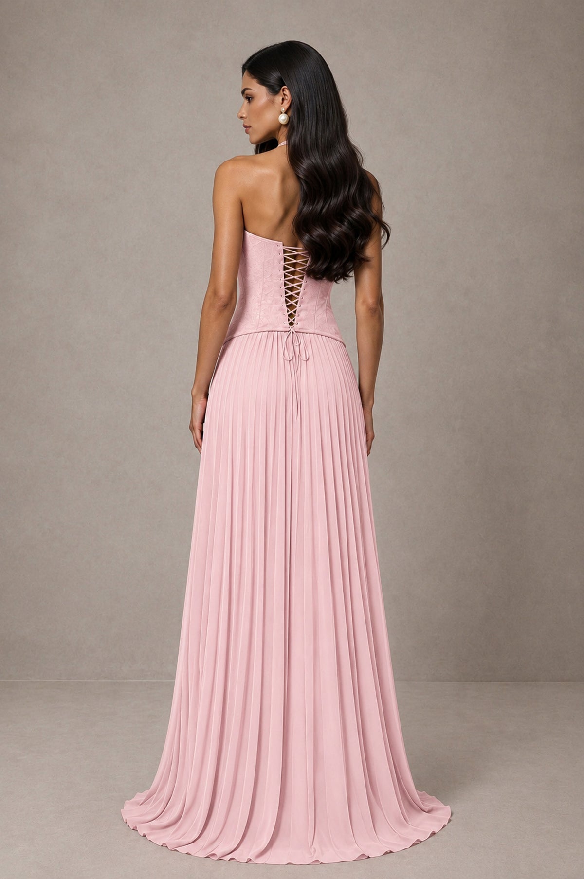 BOLODOO Blush Pink Halter Corset Pleated A-Line Evening Dress - Blush Pink - Blush Pink_2
