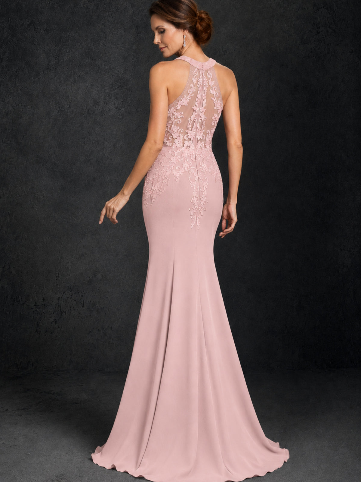 BOLODOO Blush Pink Lace Applique Halter Neck Sheer Back Mermaid Maxi Dress with Sweep Train - Blush Pink
