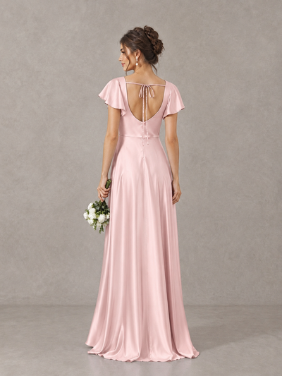 BOLODOO Blush Pink Satin Square Neck Flutter Sleeve A-Line Bridesmaid Dress with Slit - Blush Pink - Blush Pink_2
