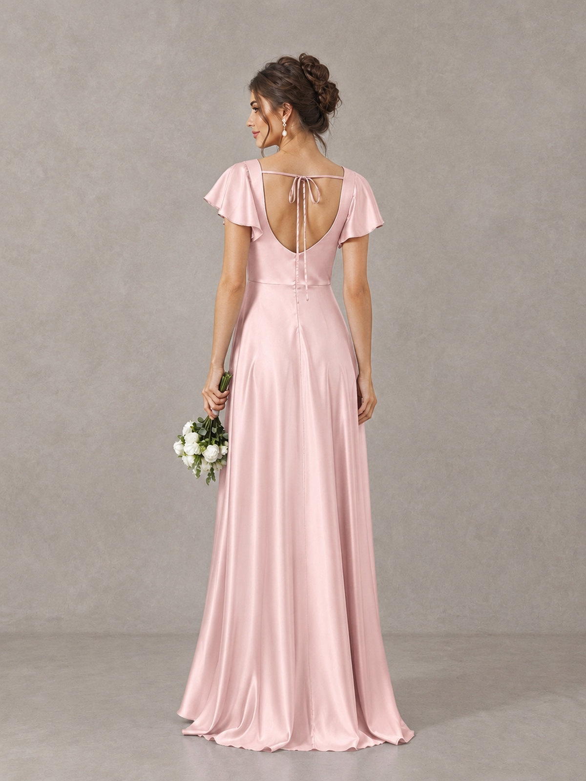 BOLODOO Blush Pink Satin Square Neck Flutter Sleeve A-Line Bridesmaid Dress with Slit - Blush Pink - Blush Pink_2