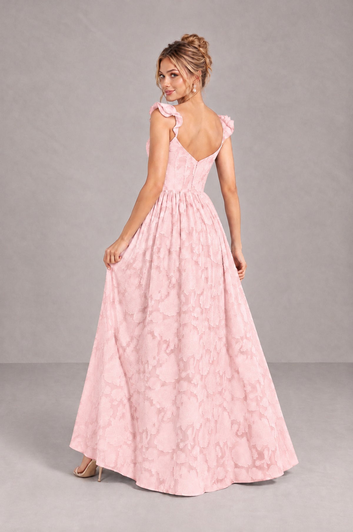 BOLODOO Blush Pink Floral A-Line Bridesmaid Dress with Slit Ruffle Straps Maxi Gown - Blush Pink - Blush Pink_2