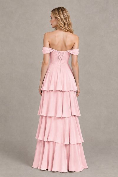 BOLODOO Blush Pink Off-the-Shoulder Tiered A-Line Evening Bridesmaid Dress - Blush Pink - Blush Pink_2