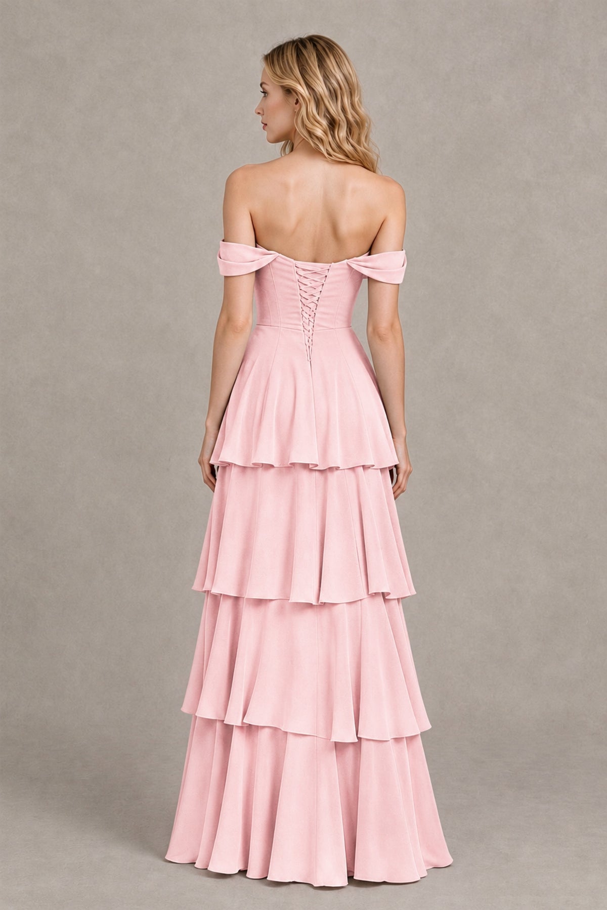 BOLODOO Blush Pink Off-the-Shoulder Tiered A-Line Evening Bridesmaid Dress - Blush Pink - Blush Pink_2