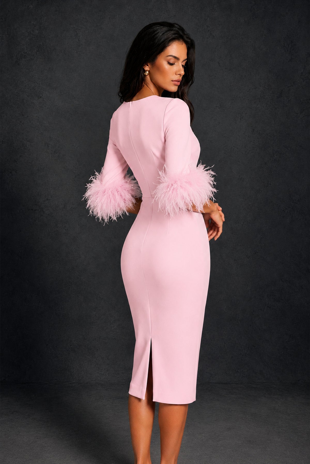 BOLODOO Blush Pink Ostrich Feather Cuff 3/4 Sleeve Round Neck Bodycon Midi Dress with Back Slit - Blush Pink
