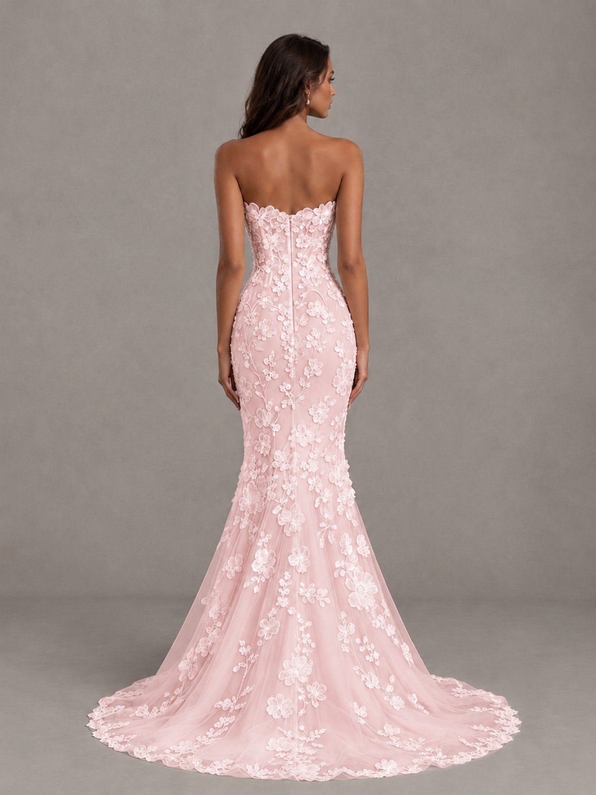BOLODOO Blush Pink Strapless 3D Floral Lace Mermaid Prom Dress with Train - Blush Pink - Blush Pink_2
