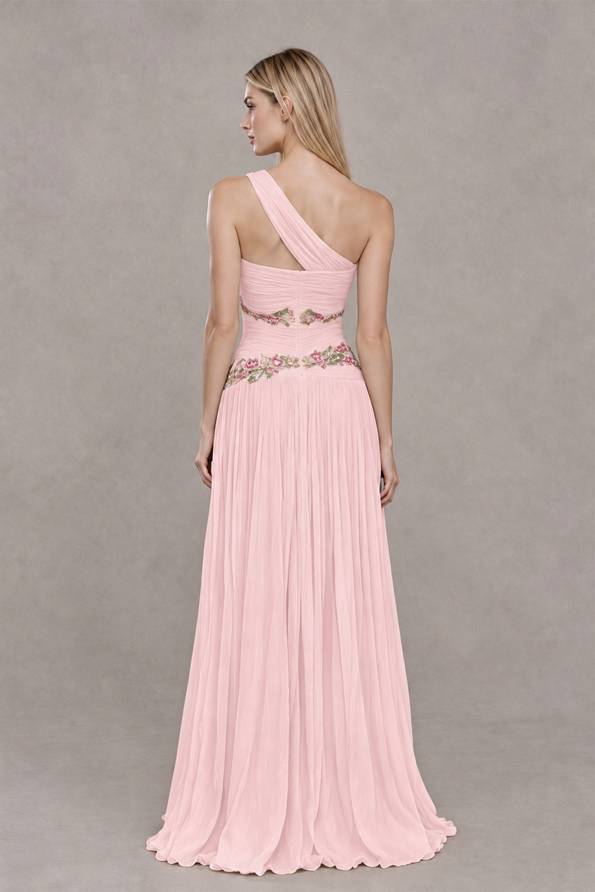 BOLODOO Blush Pink One-Shoulder Floral Applique A-Line Evening Dress - Blush Pink - Blush Pink_2