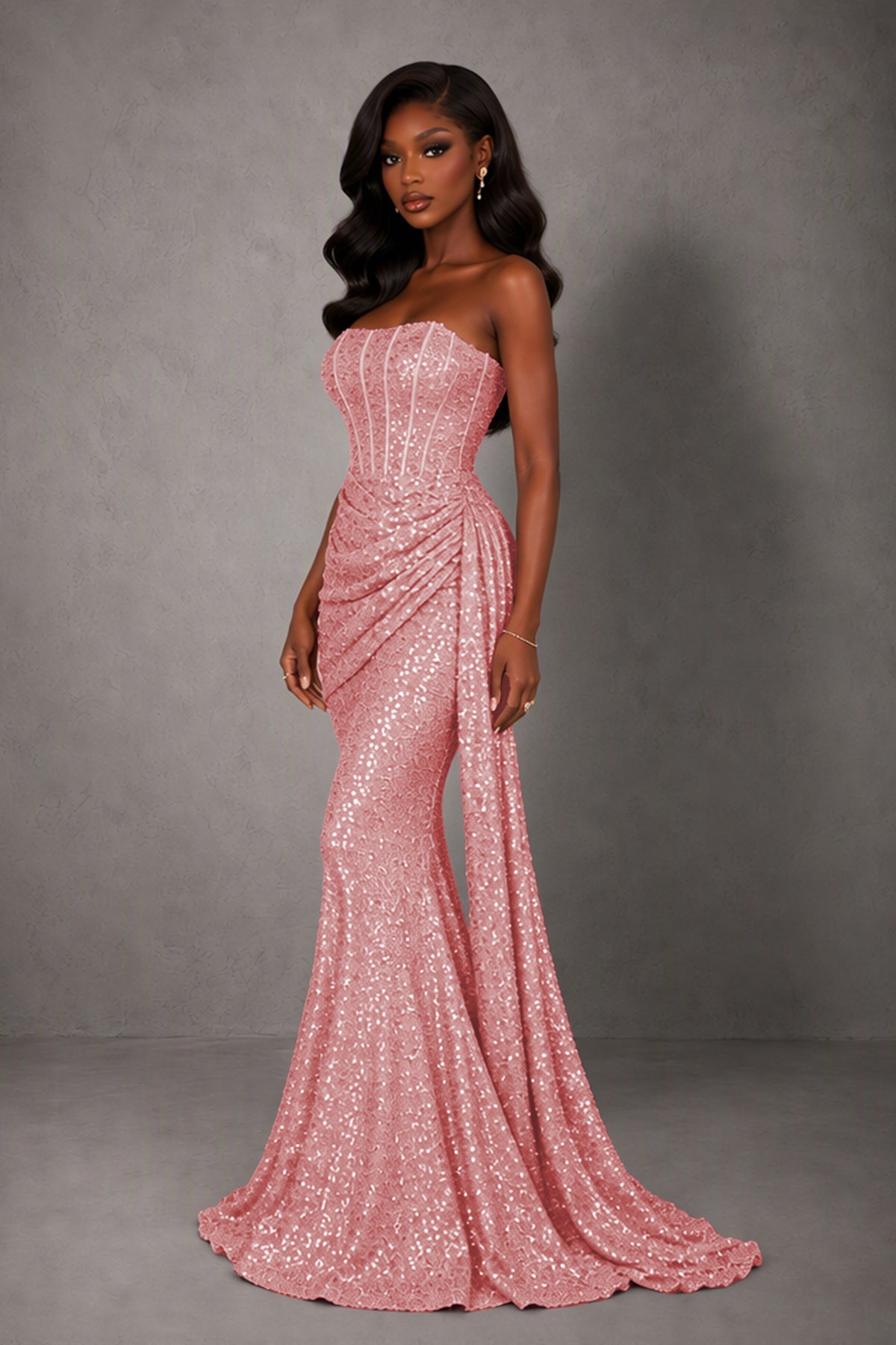 BOLODOO Blush Pink Sequin Strapless Corset Mermaid Evening Gown with Train - Blush Pink