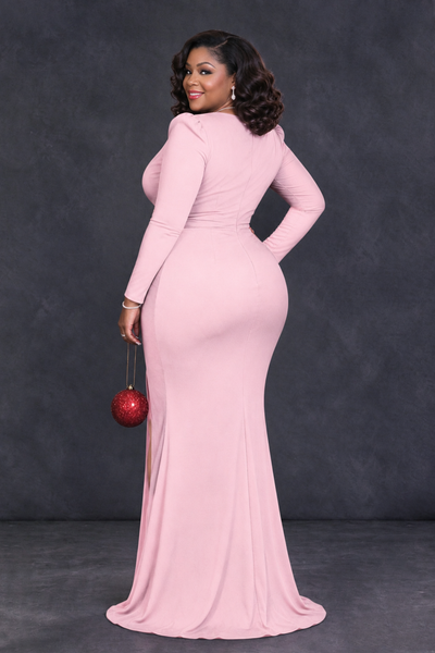 BOLODOO Blush Pink Plus Size Long Sleeve V-Neck Mother of the Bride Dress with Slit - Blush Pink - Blush Pink_2