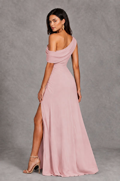 Blush Pink One-Shoulder Floor-Length Evening Gown with High Slit - Blush Pink