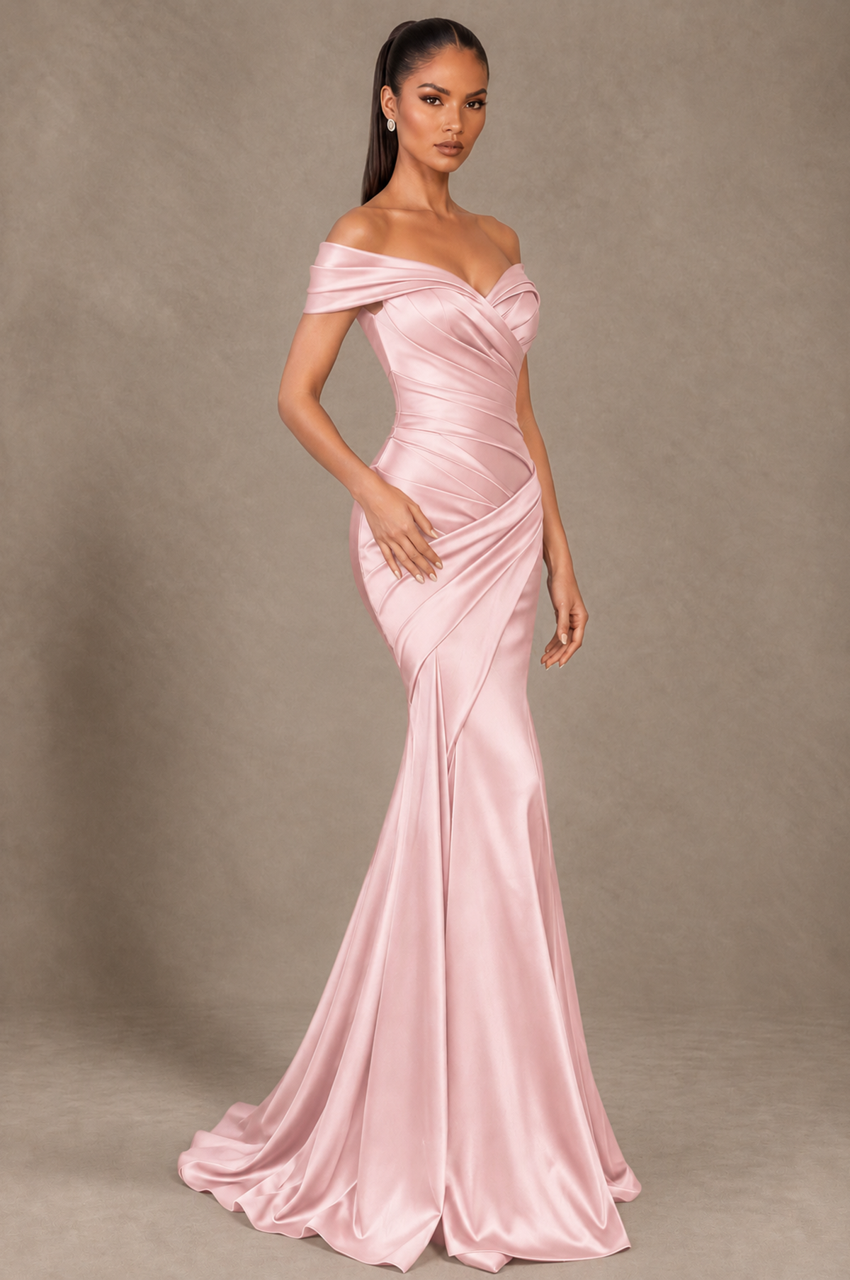 BOLODOO Blush Pink Off-the-Shoulder Ruched Satin Mermaid Evening Dress - Blush Pink - Blush_Pink_2