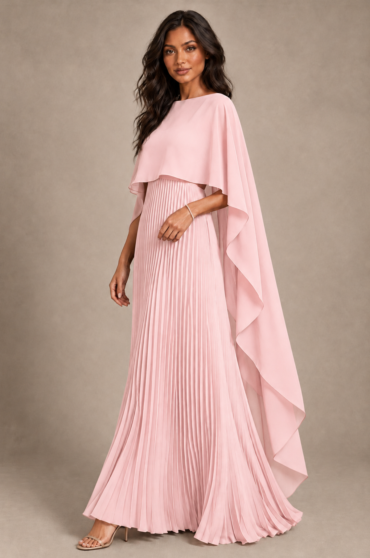 BOLODOO Blush Pink Pleated Cape A-Line Evening Dress - Blush Pink - Blush_Pink_2