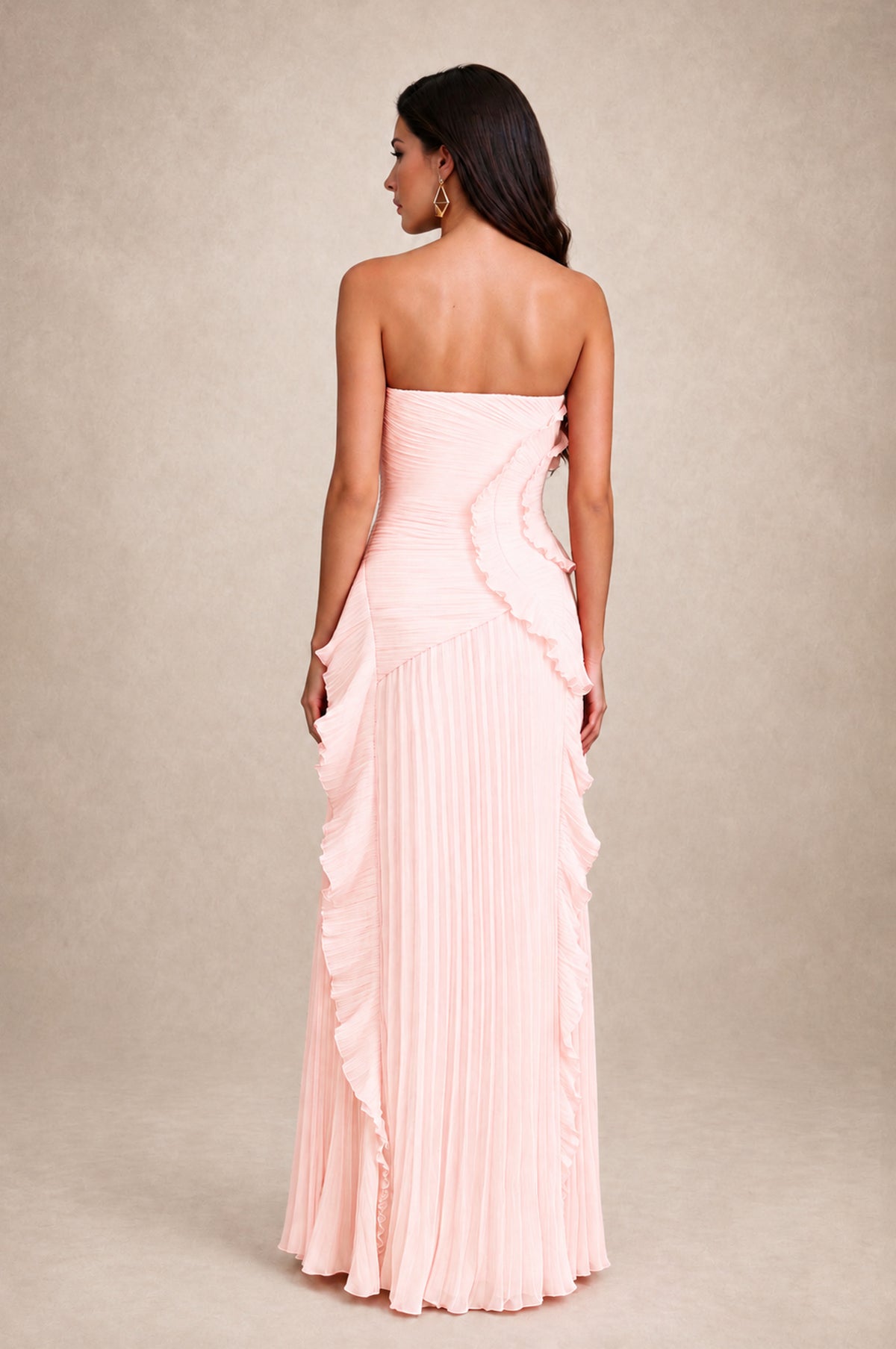 BOLODOO Blush Pink Strapless Ruffle Pleated Slit Evening Gown - Blush Pink - Blush Pink_2