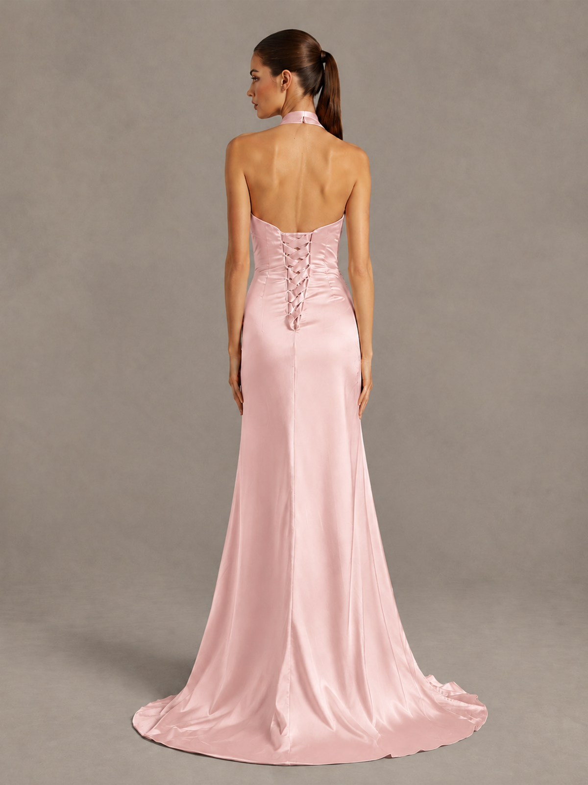 BOLODOO Blush Pink Halter Satin Evening & Prom Dress with High Slit - Blush Pink - Blush Pink_2