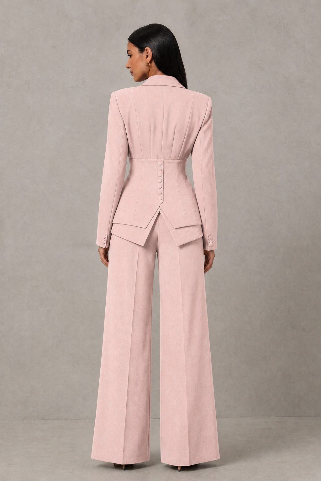 BOLODOO Blush Pink Cinched Waist Blazer and Wide Leg Pants Two Piece Suit Set - Blush Pink