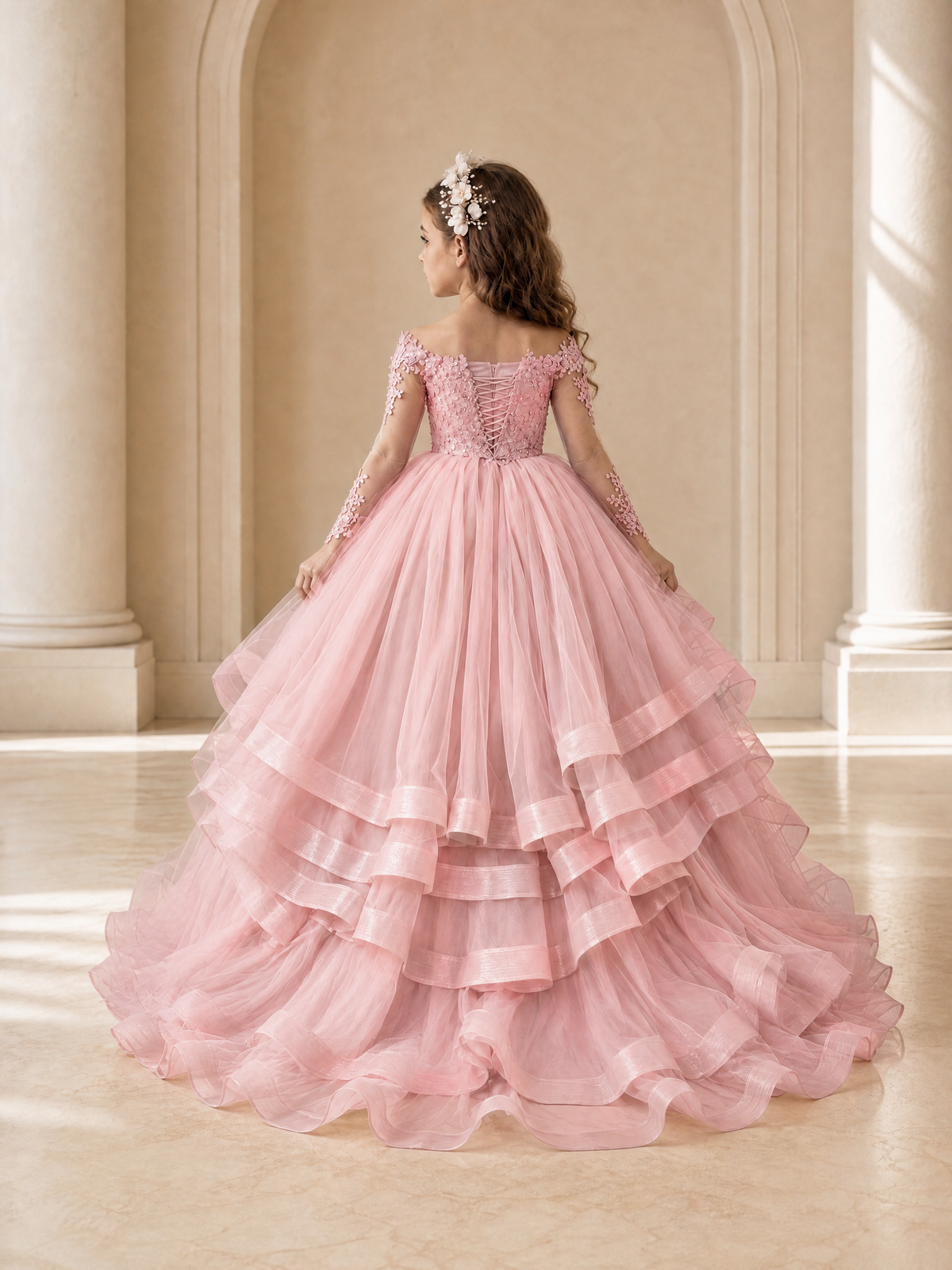 BOLODOO Blush Pink Lace Long Sleeve Tiered Flower Girl Dress - Blush Pink - Blush_Pink_2