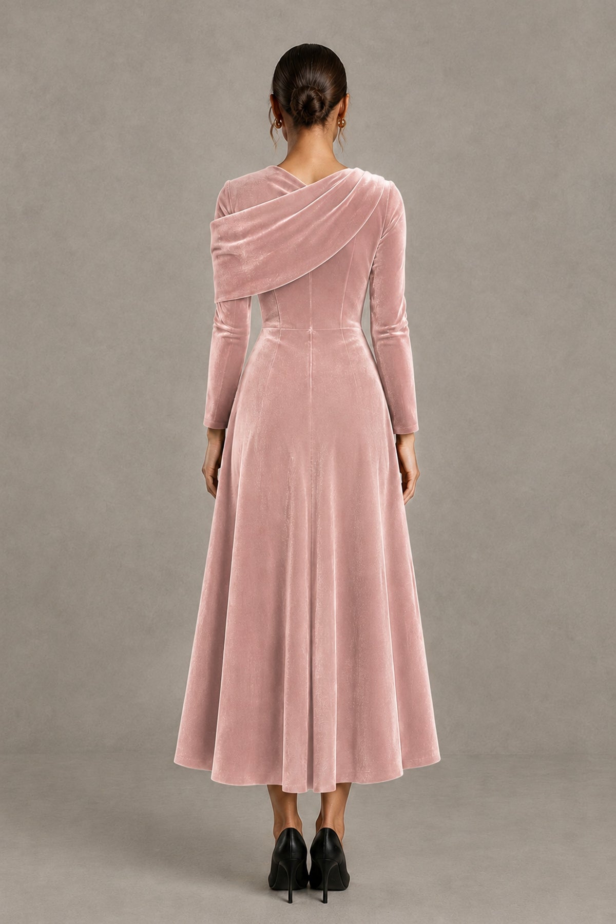 BOLODOO Blush Pink Velvet-Look Long Sleeve Tea-Length A-Line Dress with Draped Neckline - Blush Pink - Blush Pink_2