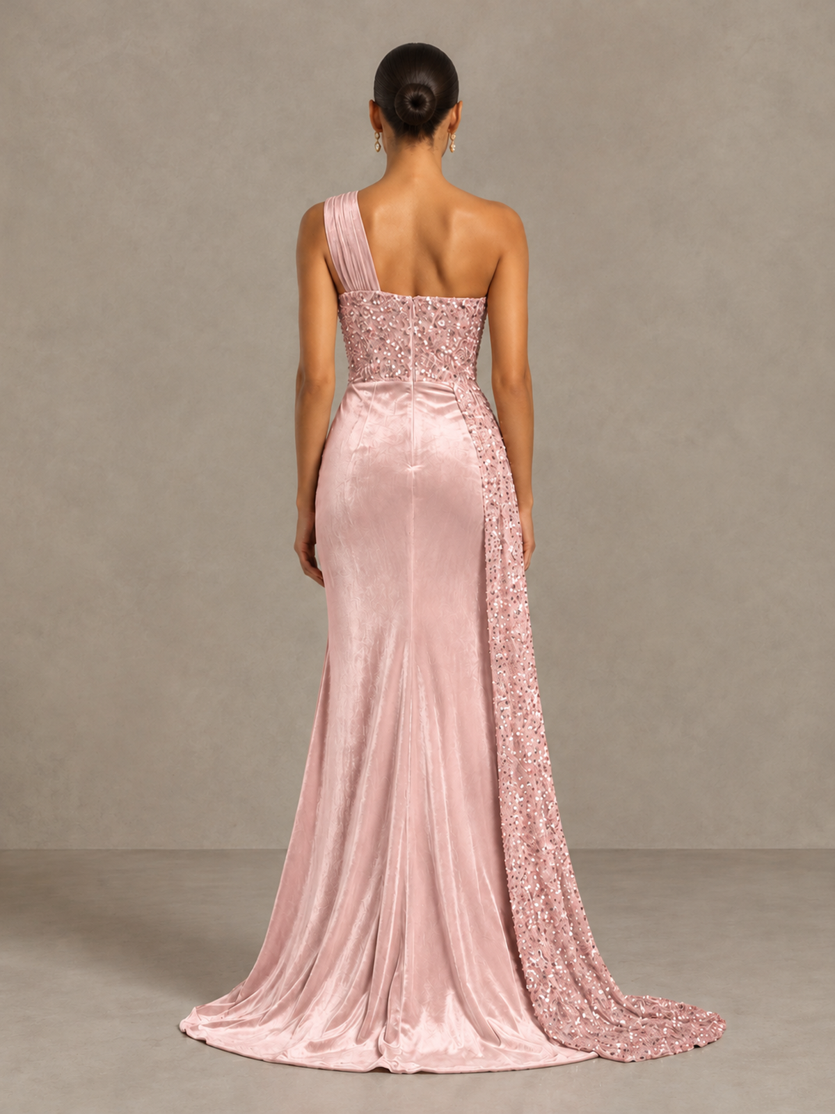 BOLODOO Blush Pink One-Shoulder Satin Sequin Gown with High Slit - Blush Pink - Blush Pink_2
