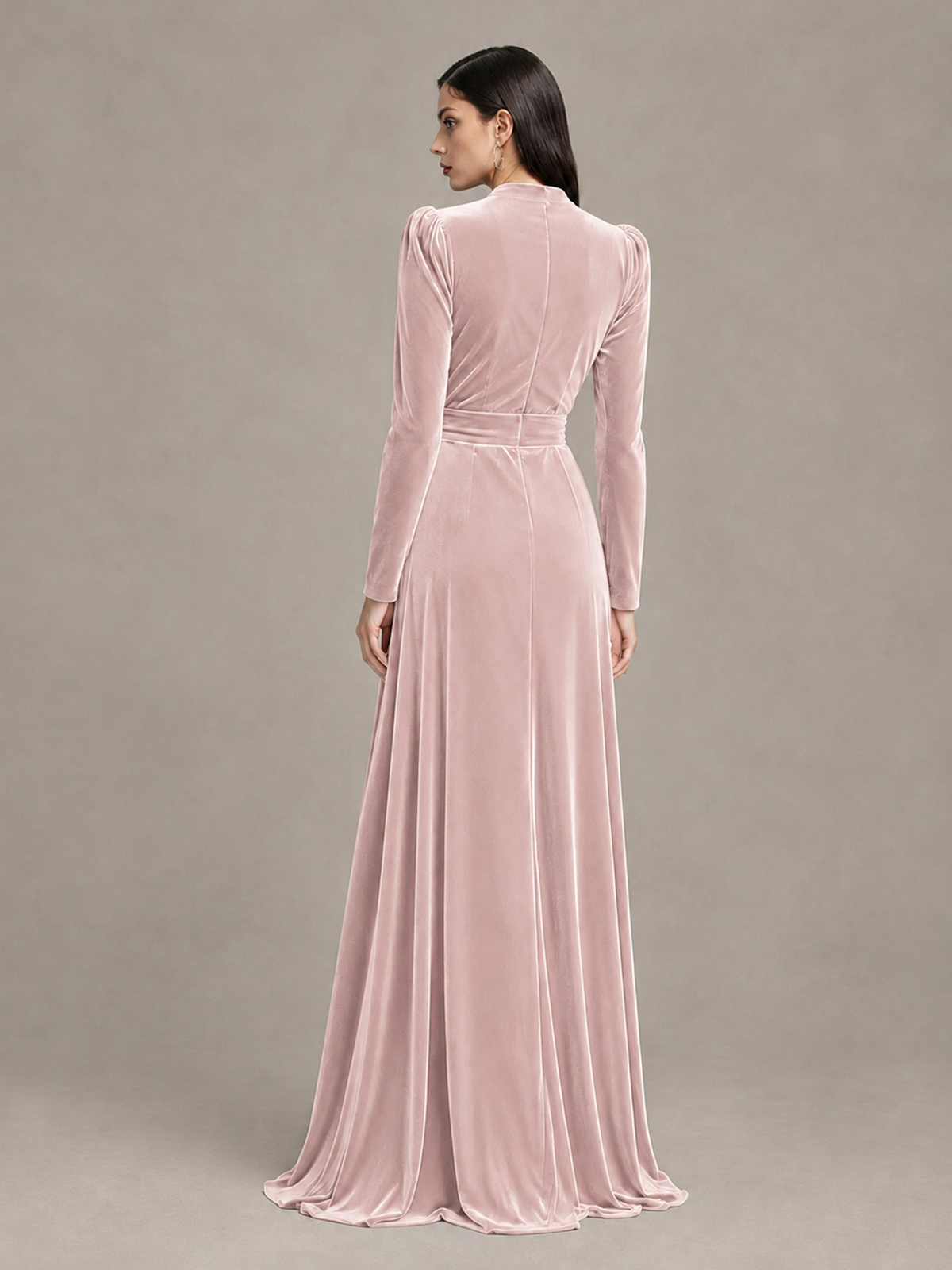 BOLODOO Blush Pink Long Sleeve Velvet-Look Evening Dress with High Slit - Blush Pink - Blush Pink_2