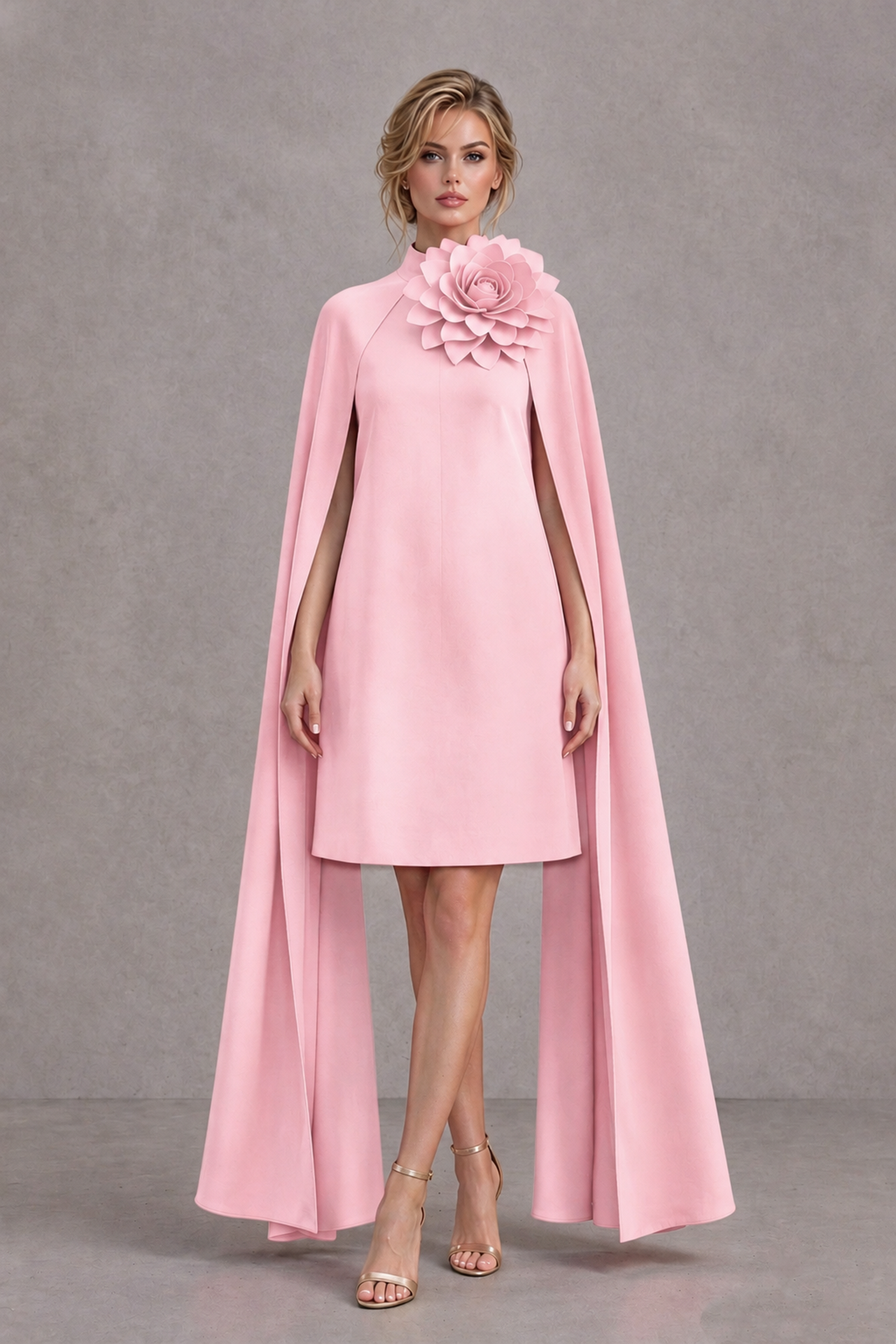 BOLODOO Blush Pink High Neck Floral Cape Mini Cocktail Dress - Blush Pink - Blush Pink_2