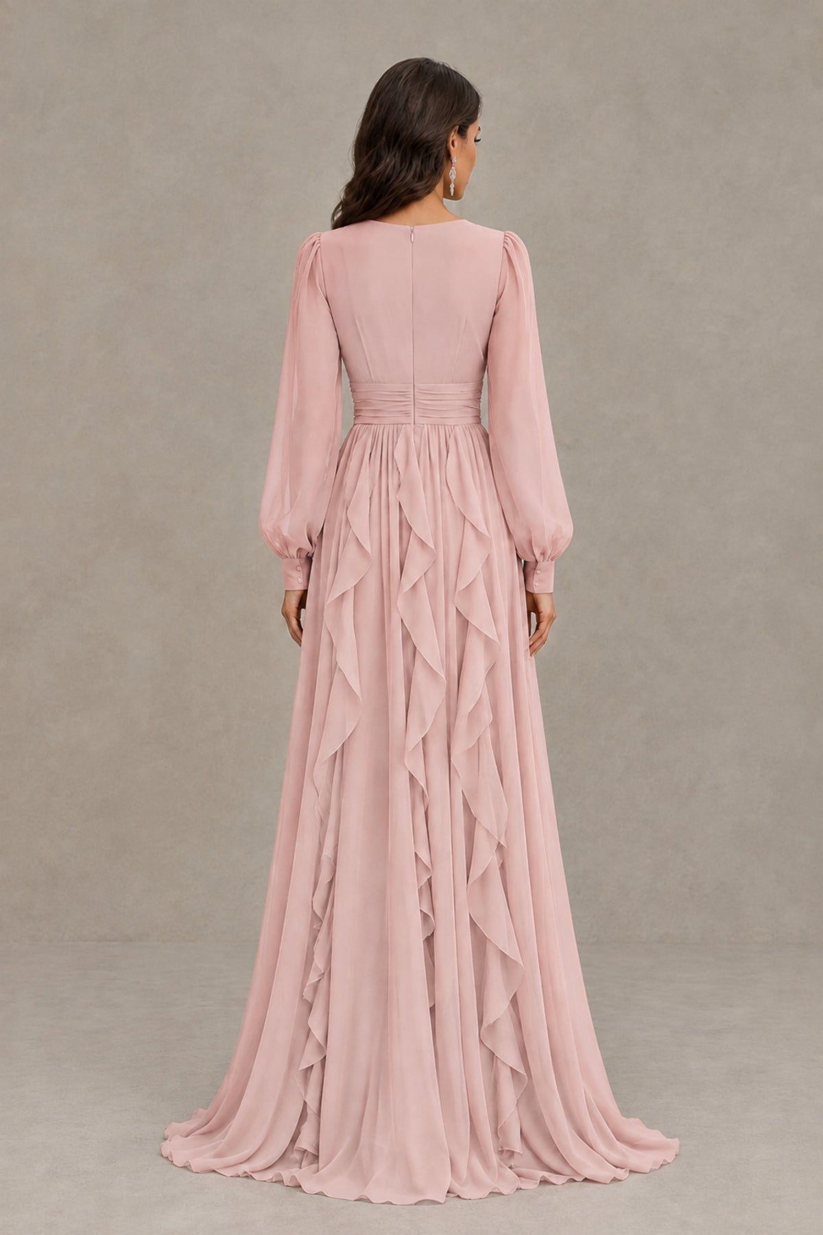 BOLODOO Blush Pink Long Sleeve V-Neck Ruffle Maxi Dress - Blush Pink