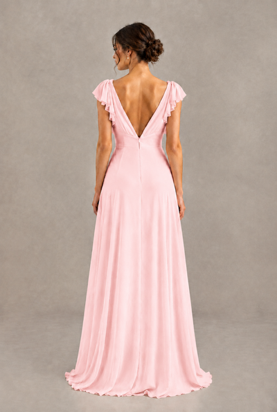 BOLODOO Blush Pink V-Neck Flutter Sleeve A-Line Bridesmaid Dress - Blush Pink - Blush Pink_2