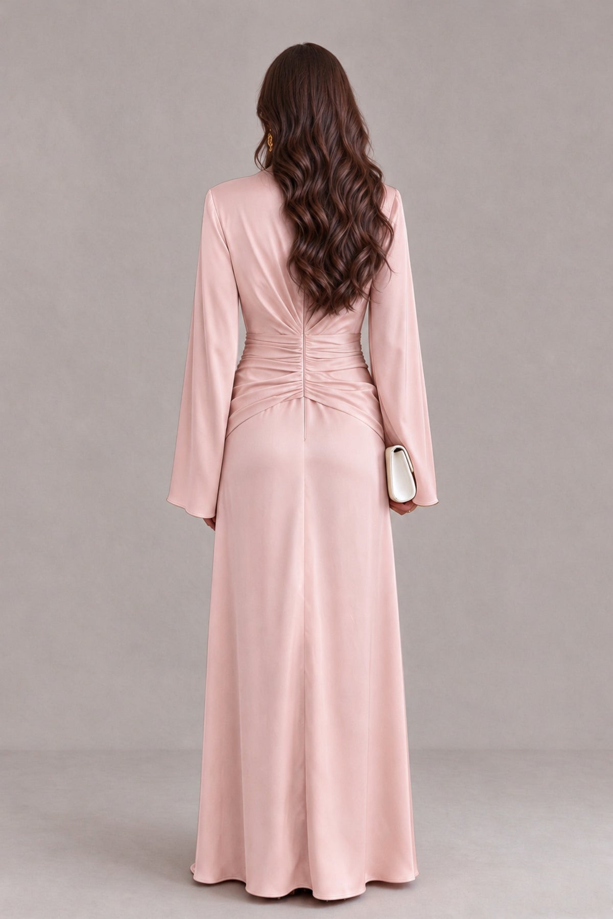BOLODOO Blush Pink Yellow Satin-Look V-Neck Long Bell Sleeve Evening Dress - Blush Pink - Blush_Pink_2