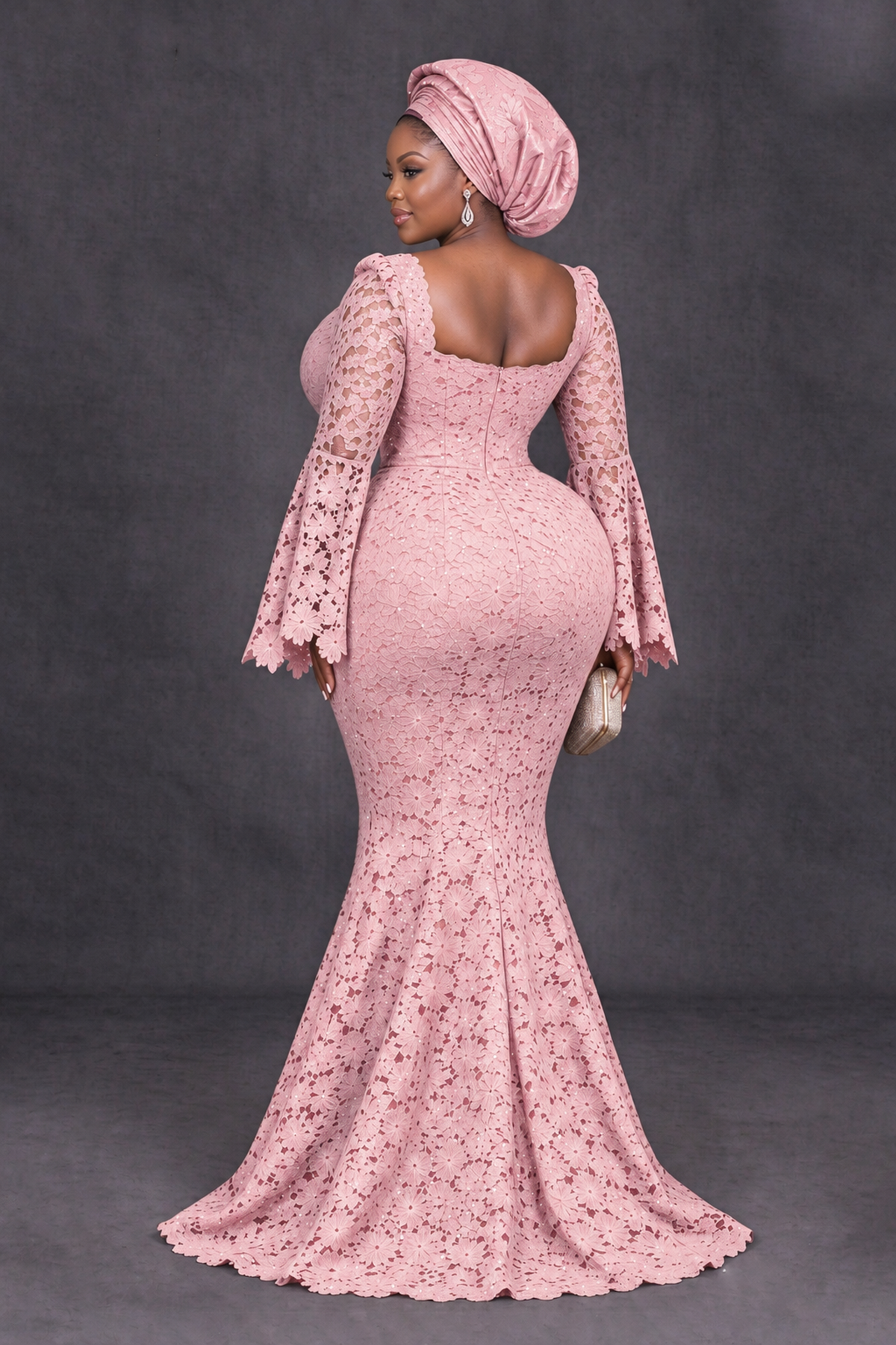 BOLODOO Blush Pink African Lace Mermaid Dress, Plus Size Nigerian Wedding Guest Gown with Bell Sleeves - Blush Pink - Blush Pink_2