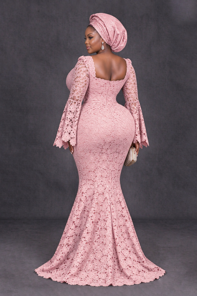 BOLODOO Blush Pink African Lace Mermaid Dress, Plus Size Nigerian Wedding Guest Gown with Bell Sleeves - Blush Pink - Blush Pink_2
