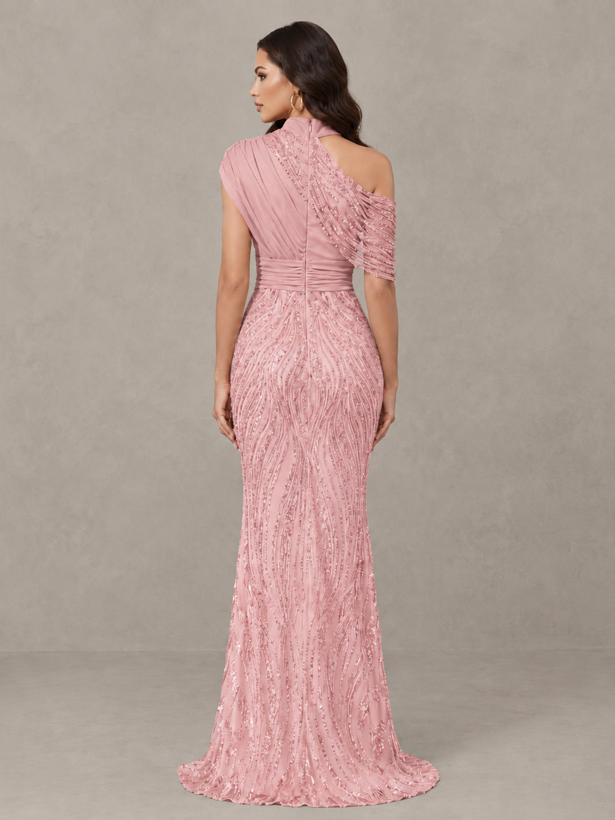 BOLODOO Blush Pink High Neck Draped Sequin Mermaid Evening Gown - Blush Pink - Blush Pink_2