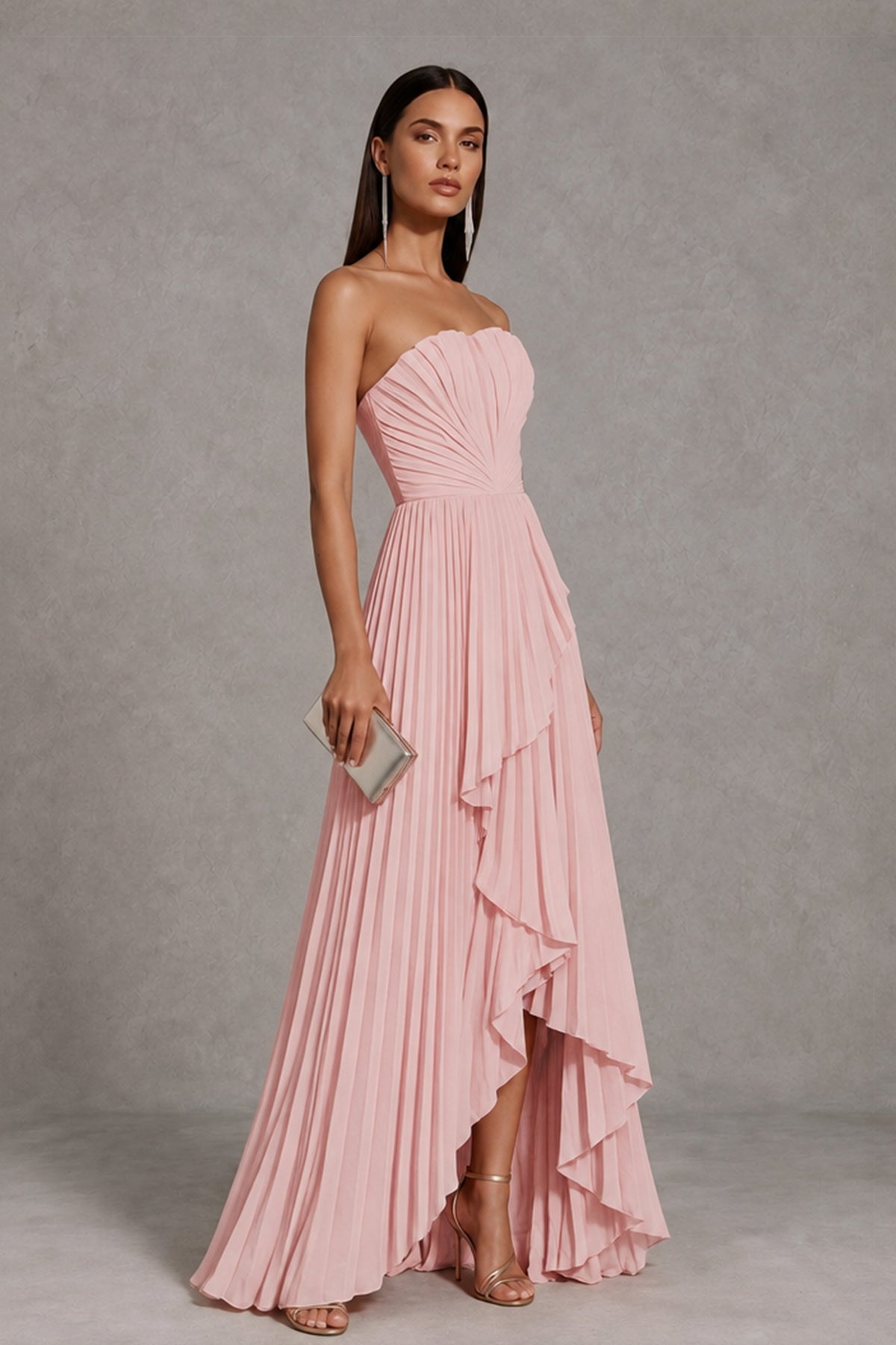 Blush Pink Strapless Pleated High-Low Evening Gown with Ruffle Hem - Blush Pink