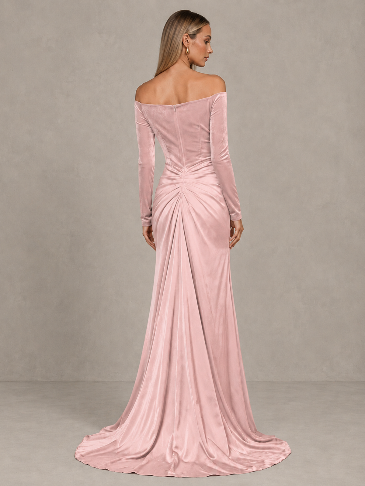 BOLODOO Blush Pink Off-Shoulder Velvet Evening Gown with High Slit - Blush Pink - Blush Pink_2