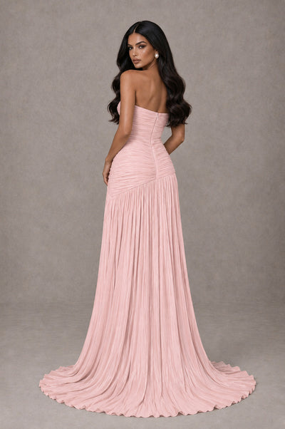 BOLODOO Blush Pink Metallic Ruched Strapless Pleated A-Line Backless Maxi Dress with Train - Blush Pink - Blush Pink_2