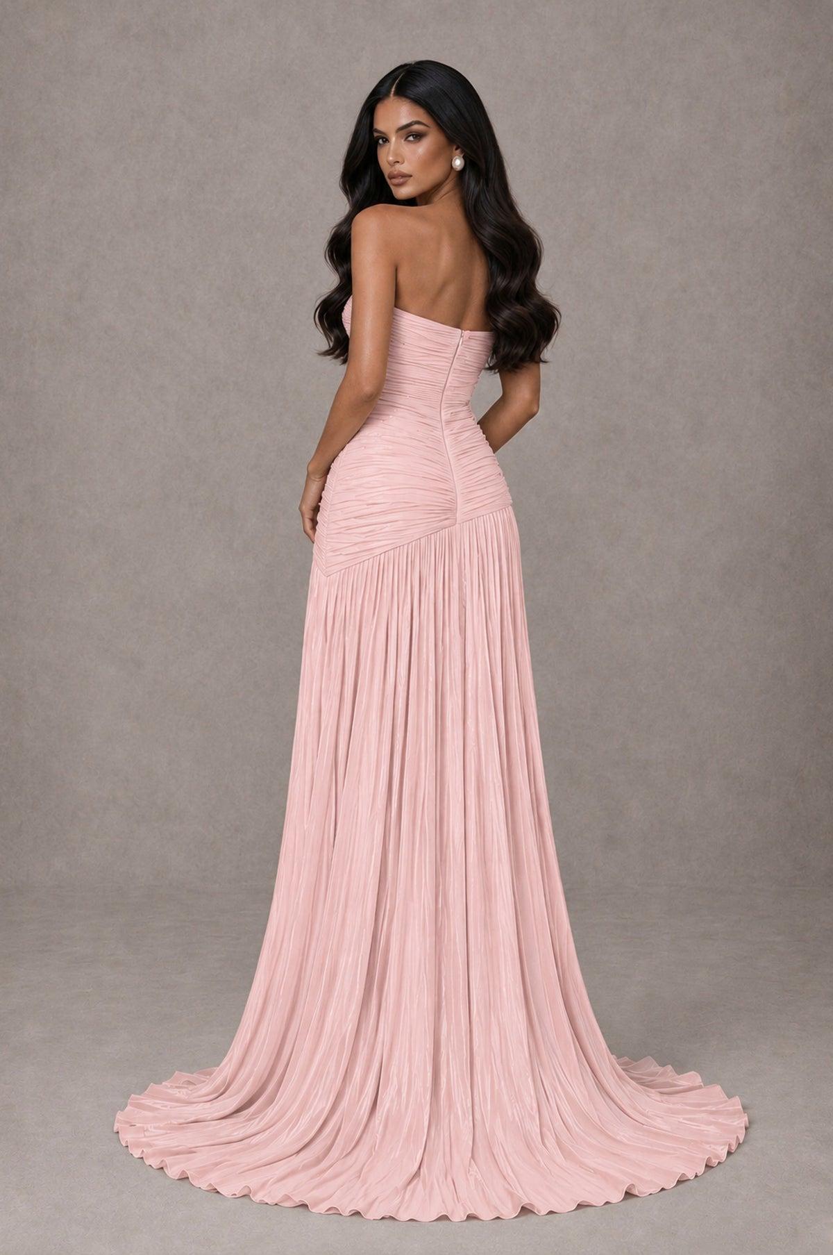 BOLODOO Blush Pink Metallic Ruched Strapless Pleated A-Line Backless Maxi Dress with Train - Blush Pink - Blush Pink_2