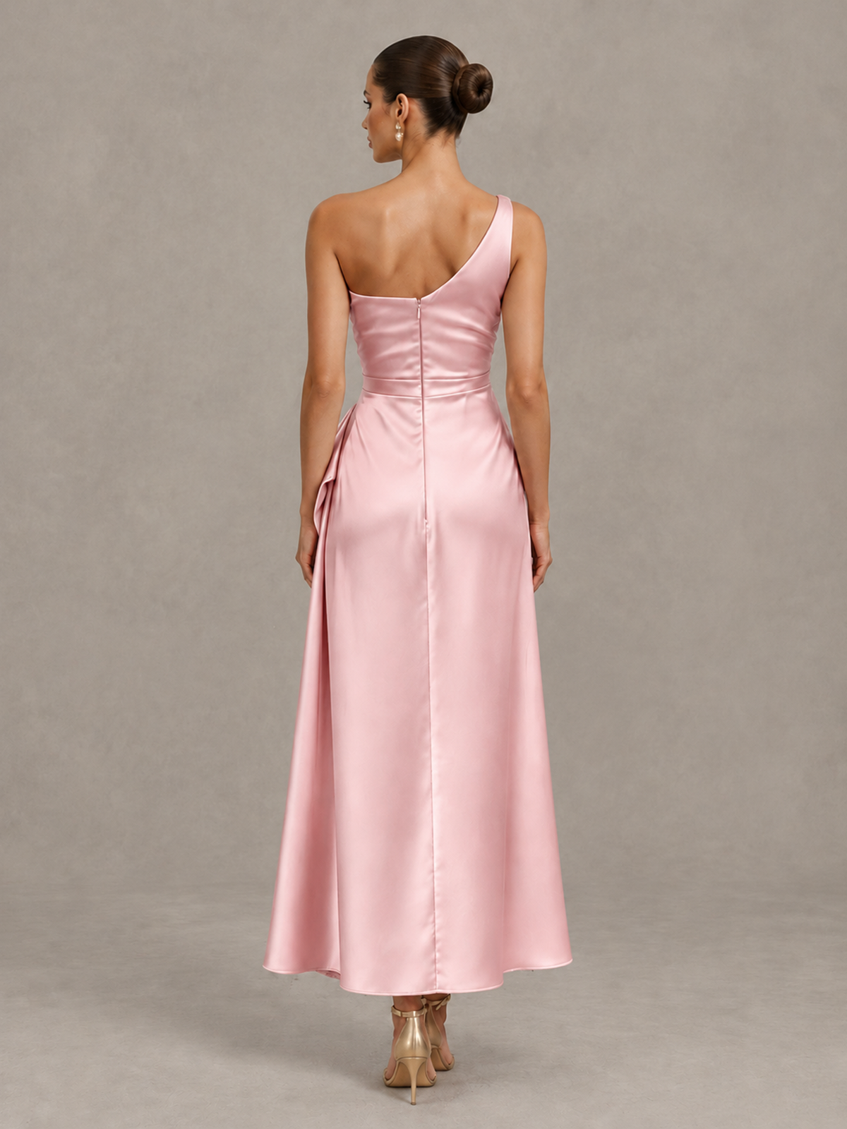 BOLODOO Blush Pink One Shoulder Satin Cocktail Dress with Draped A-Line Skirt - Blush Pink - Blush Pink_2