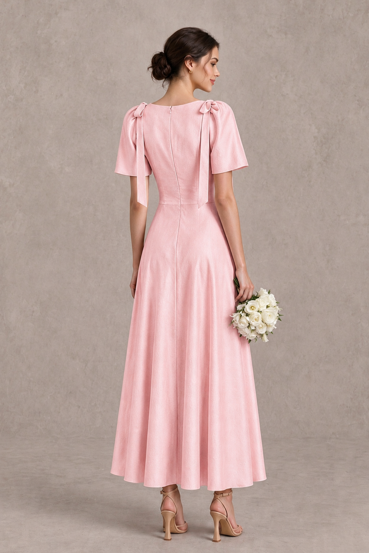 BOLODOO Blush Pink V-Neck Short Sleeve Satin-Look Bridesmaid Dress with Shoulder Bows - Blush Pink - Blush Pink_2
