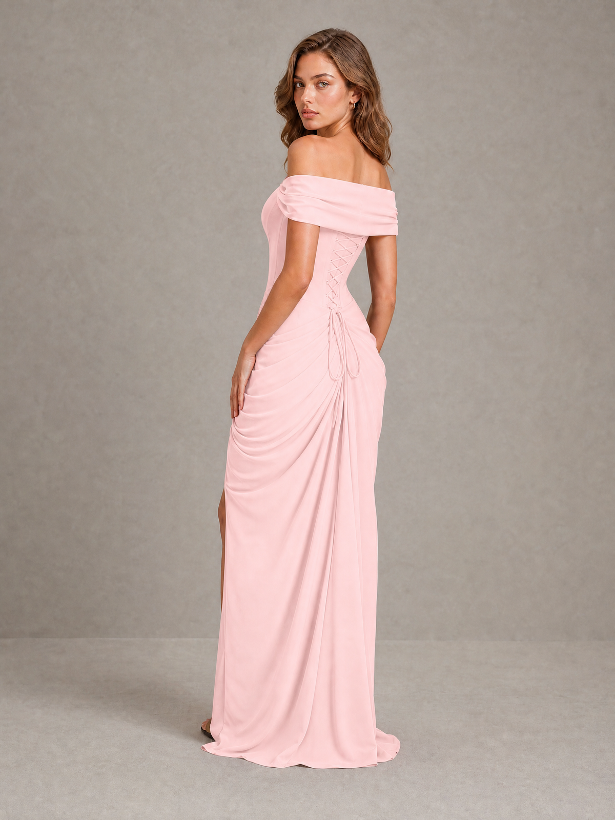BOLODOO Blush Pink Off-Shoulder Ruched Corset Wedding Guest Dress with Slit - Blush Pink - Blush_Pink_2