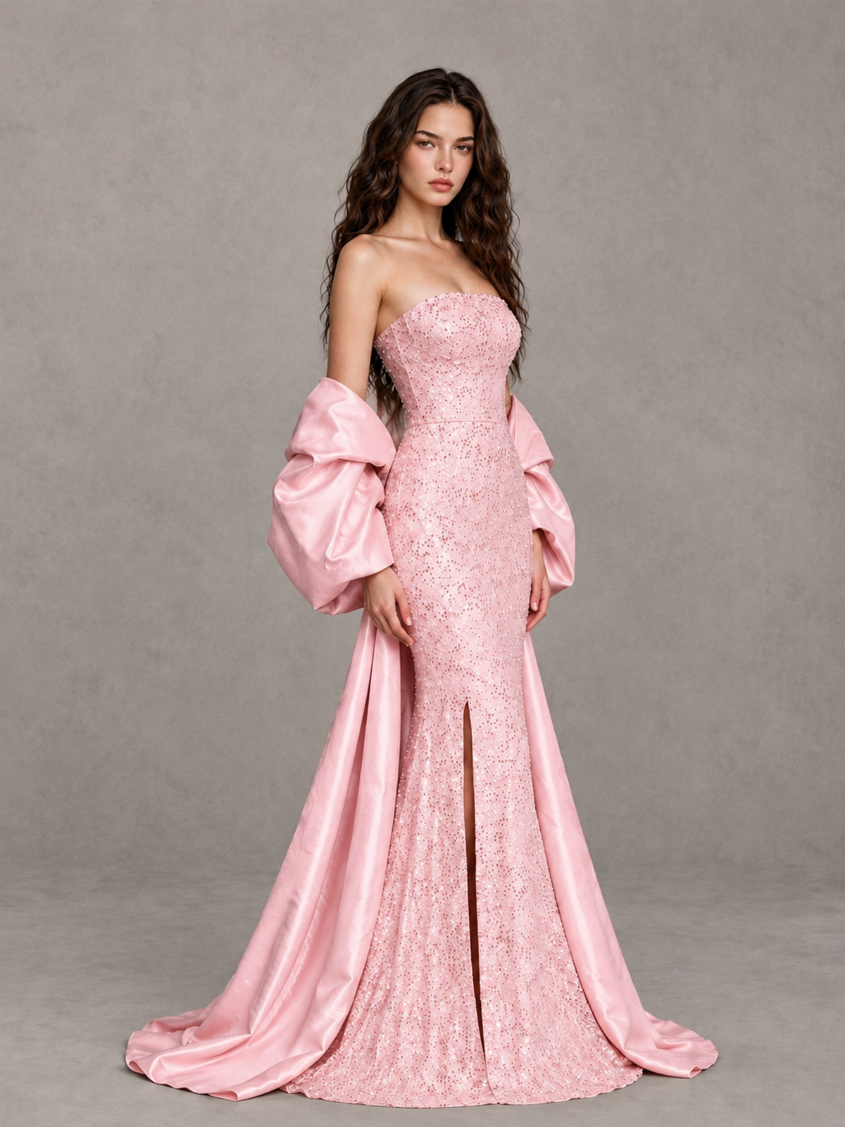 BOLODOO Blush Pink Strapless Sparkle Mermaid Prom Dress with Front Slit and Draped Sleeves - Blush Pink - Blush Pink_3