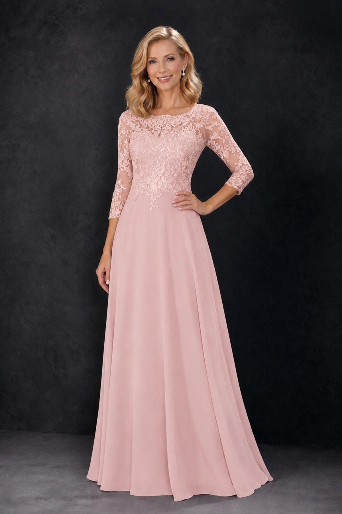 BOLODOO Blush Pink Lace Embroidered Mother of the Bride Dress with 3/4 Sleeves - Blush Pink